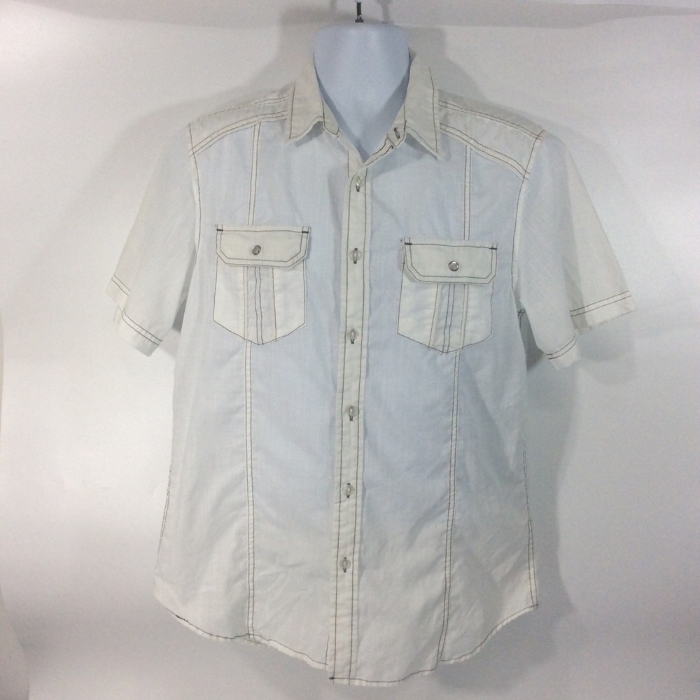 Chalc Medium Button Down Shirt Short Sleeve White Black Stitching Western